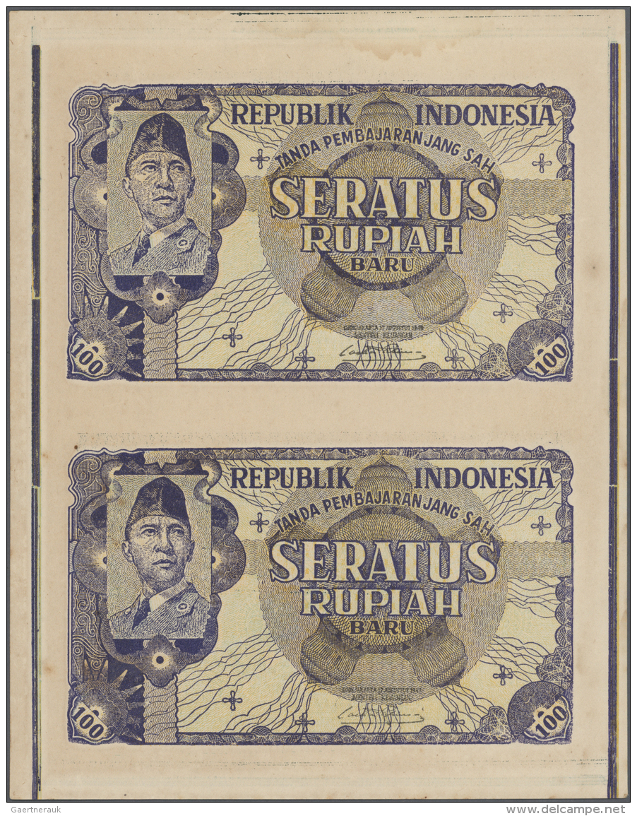 Indonesia / Indonesien: Uncut Sheet Of 2 Notes 100 Rupiah Baru 1949 P. 35G, Remainders Without Serial Numbers, Unfolded - Indonesia