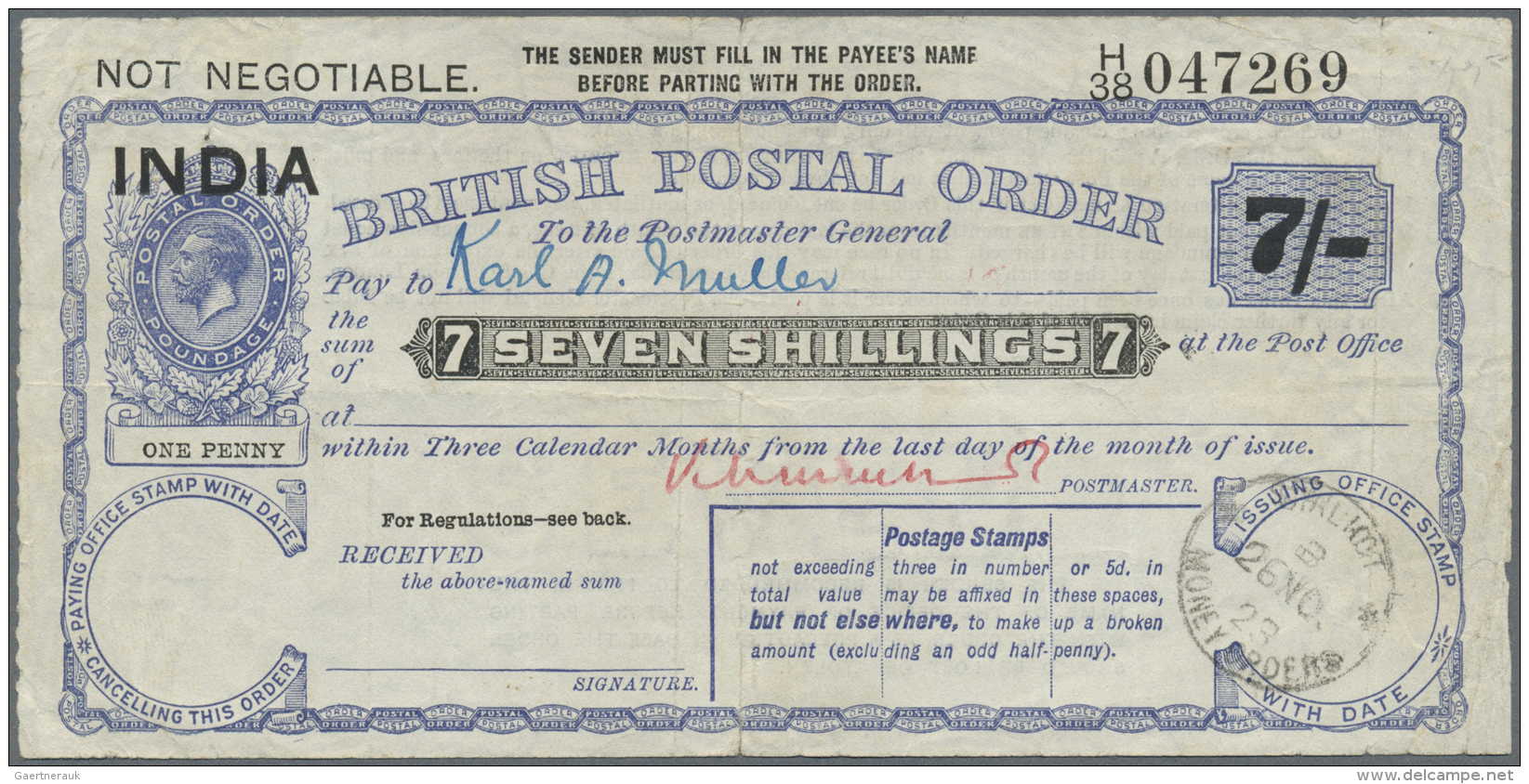 India / Indien: India: 7 Shillings, British Postal Order "George V" With Black Overprint &ldquo;INDIA&rdquo; At Upper Le - Inde