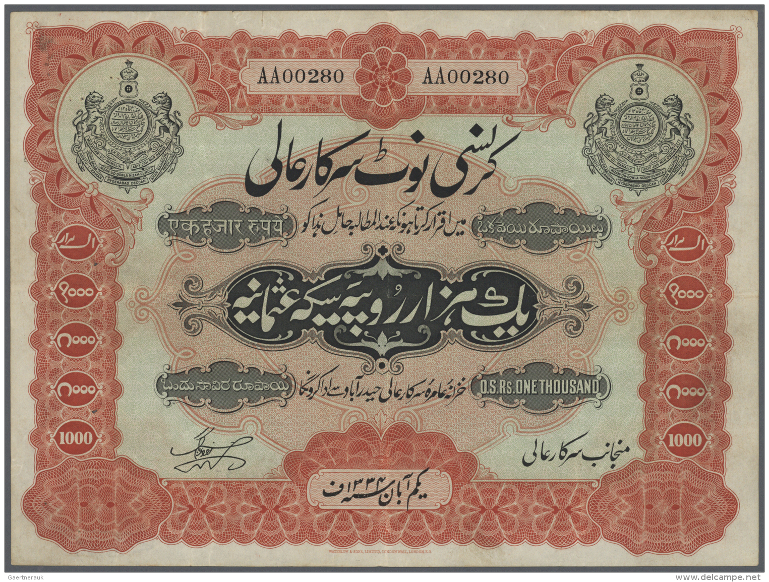 India / Indien: Rare Beautiful Note 1000 Rupees Sicca Osmania, Government Of Hyderabad, 1929 / FE 1340 P. S267, Used Wit - Inde