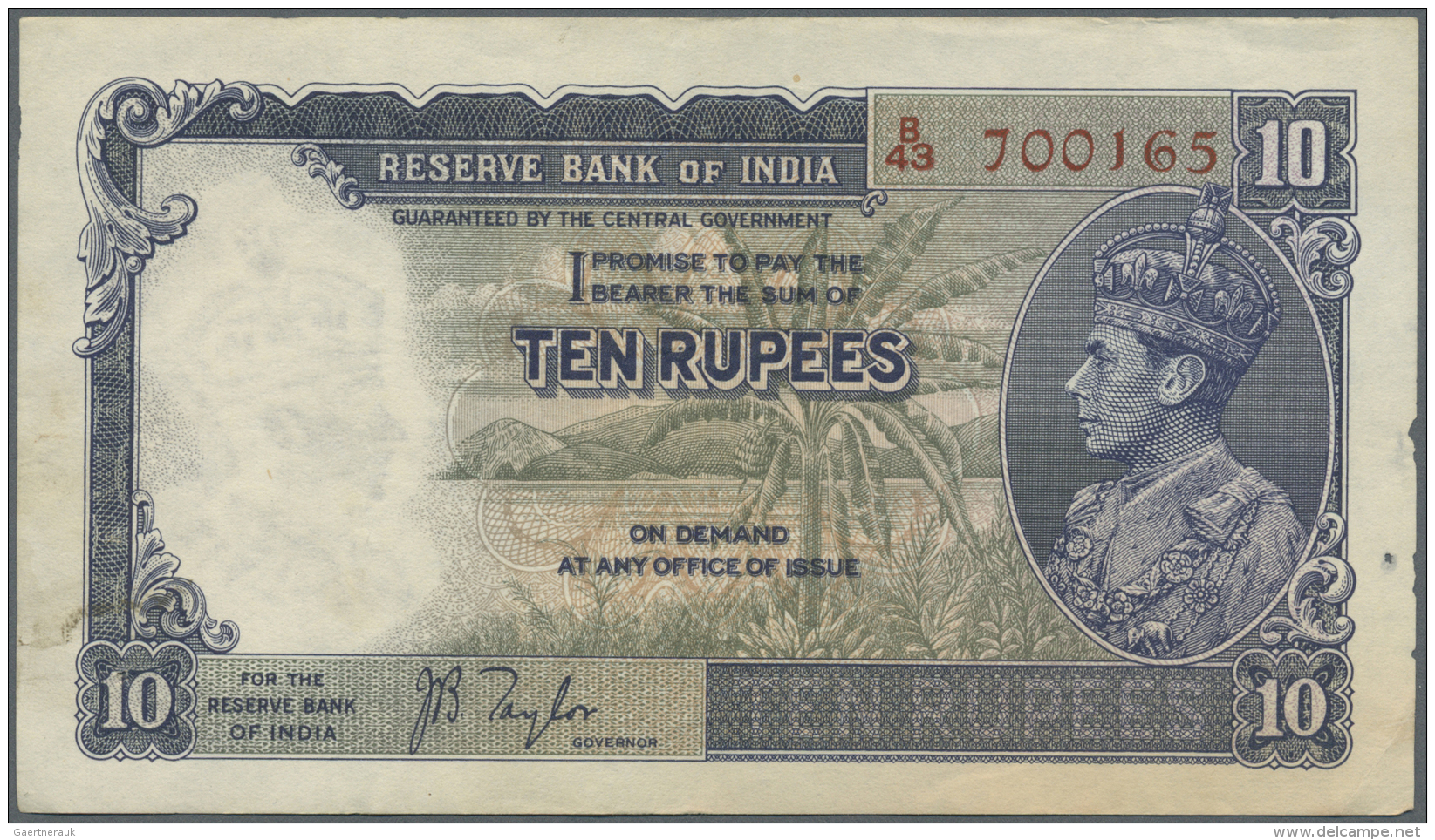 India / Indien: 10 Rupees ND P. 19a, Sign. Taylor, Portrait KG VI, Light Vertical Folds And Handling In Paper, 2 Usual P - Inde