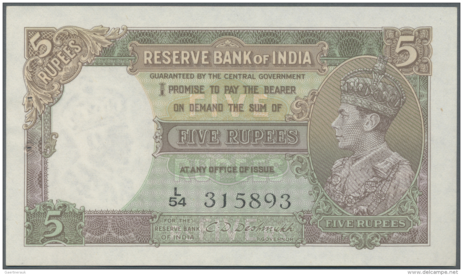 India / Indien: 5 Rupees ND P. 18b, Sign. Deshmukh, Portrait KG VI, Unfolded, Light Dint At Right, 2 Usual Pinholes At L - Inde