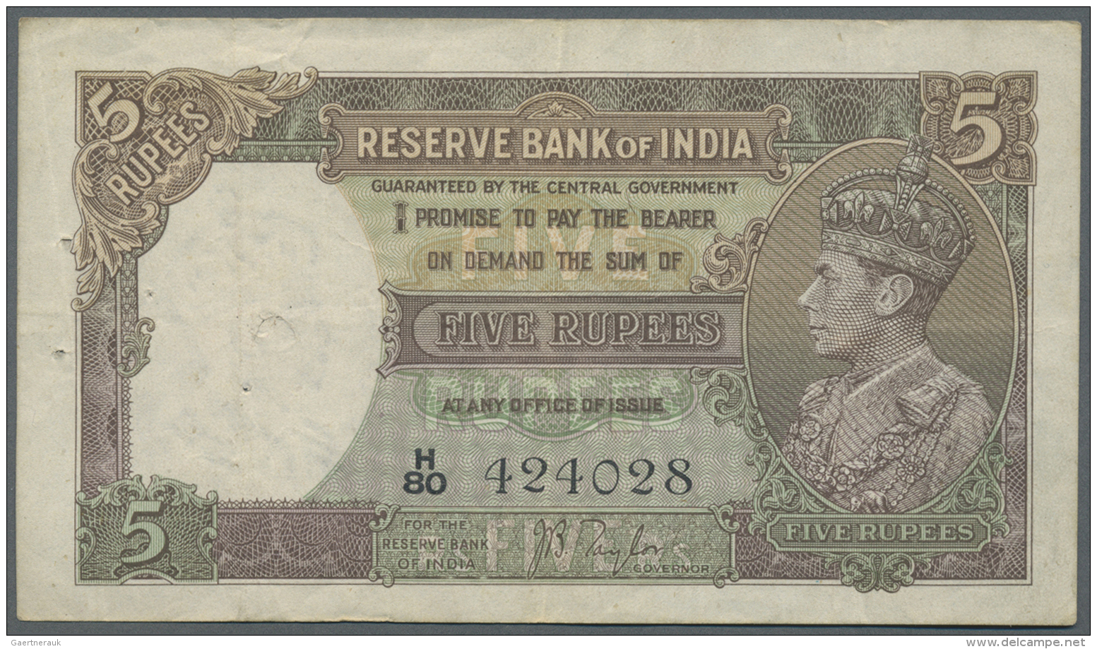 India / Indien: 5 Rupees ND(1937 &amp; 1943) With Signature Taylor, P.18a, Several Folds, Tiny Pinholes At Left And Ligh - Inde