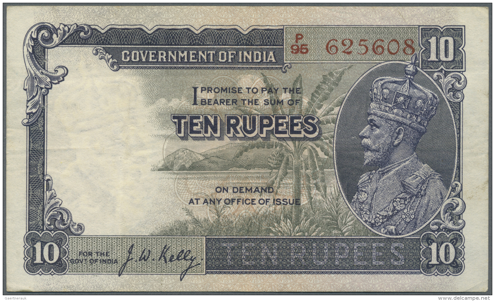 India / Indien: 10 Rupees ND P. 16b, Sign. Kelly, Portrait KG V, Vertical Folds And Creases In Paper, 2 Usual Pinholes A - India