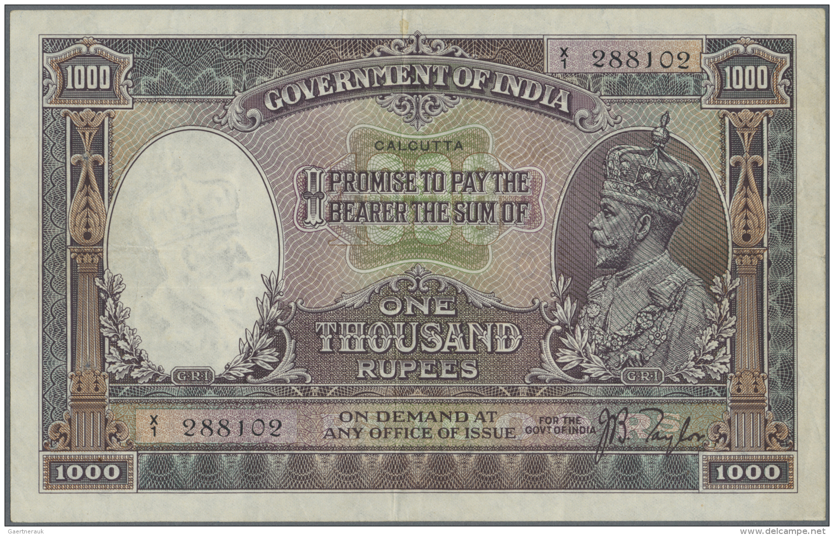 India / Indien: Ultra Rare Condition Banknote Of 1000 Ruppes ND(1928) Portrait KGV P. 12c, CALCUTTA Issue, Very Crisp An - Inde