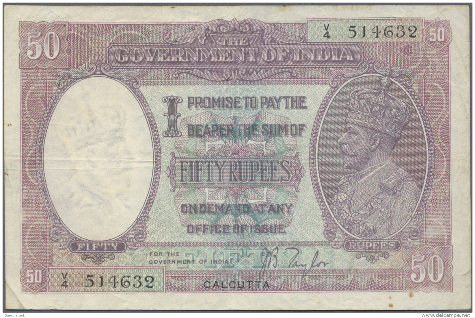 India / Indien: 50 Rupees ND(1930) P. 9d, Sign Taylor, Issue For CALCUTTA, Used With Folds And Creases, A Few Pinholes A - Inde