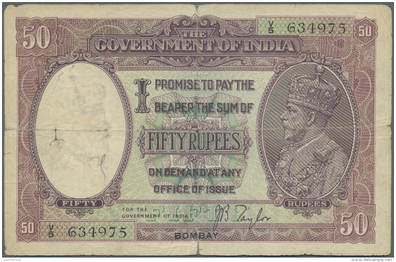 India / Indien: 50 Rupees ND(1930) P. 9b, Sign Taylor, Issue For BOMBAY, Strong Horizontal And Center Fold, Center Hole, - India