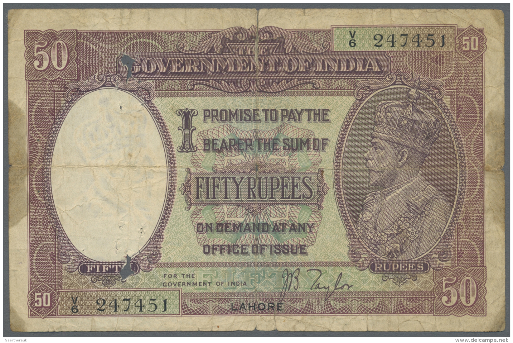 India / Indien: 50 Rupees ND(1930) LAHORE, Sign. Taylor, P. 9, Used With Very Strong Folds, Stained Paper, Holes, And Fi - Inde