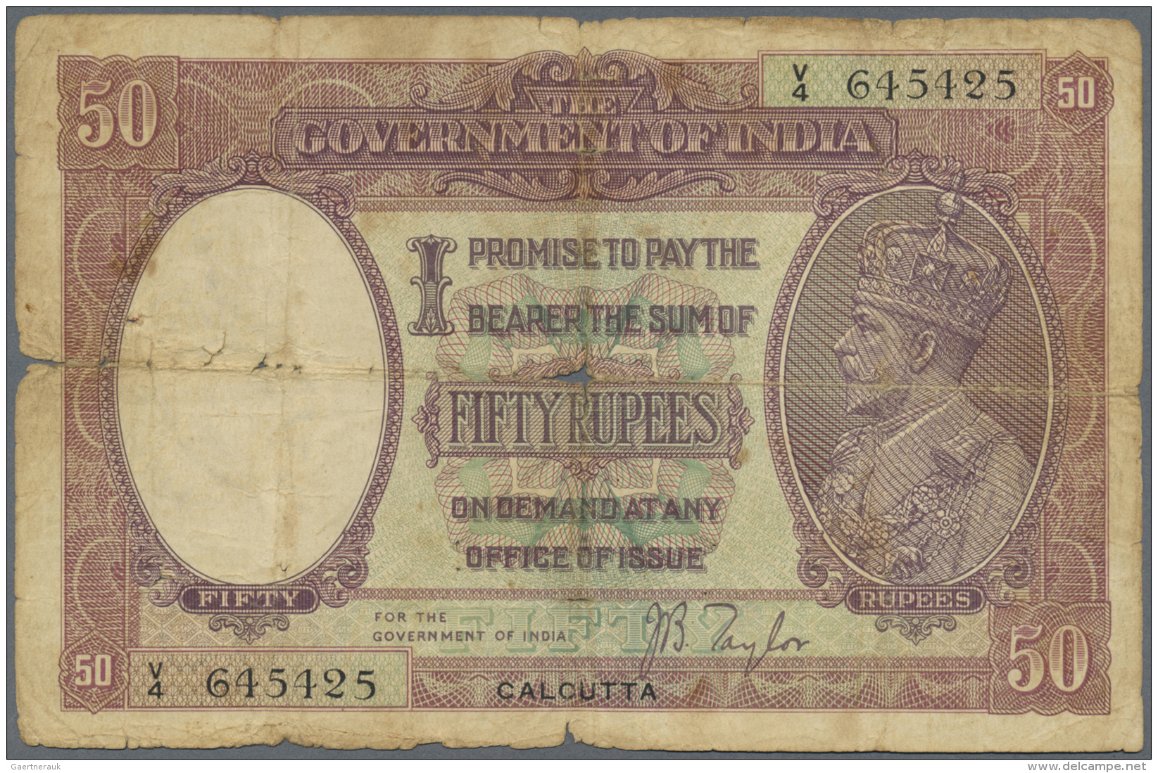 India / Indien: Rare Banknote 50 Rupees P. 9d, Issue CALCUTTA, Portrait KGV, Rare Issue And One Of The Key Notes Of This - Inde