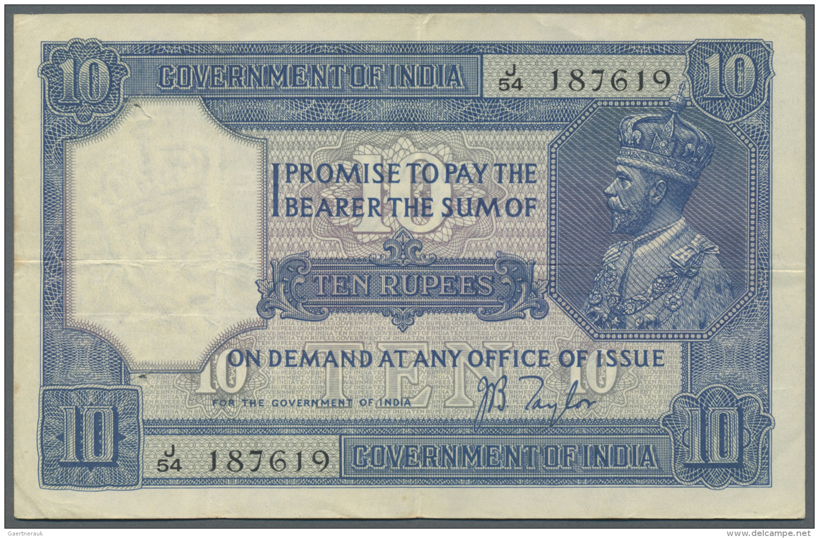 India / Indien: 10 Rupees ND(1917-30) With Signature Taylor, P.7b, Very Nice Looking Note With A Few Folds, Staple Holes - Inde