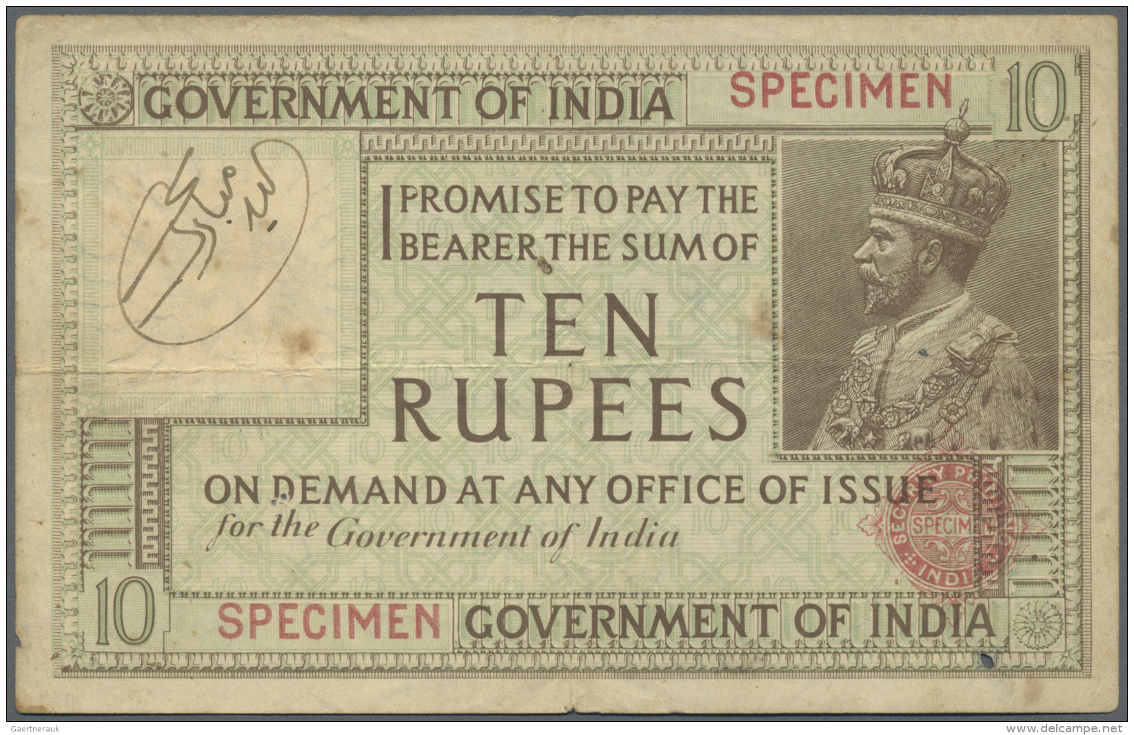 India / Indien: Highly Rare SPECIMEN Note Of 10 Rupees ND(1917-30) P. 6s With Red Specimen Overprint And Specimen Seal B - India