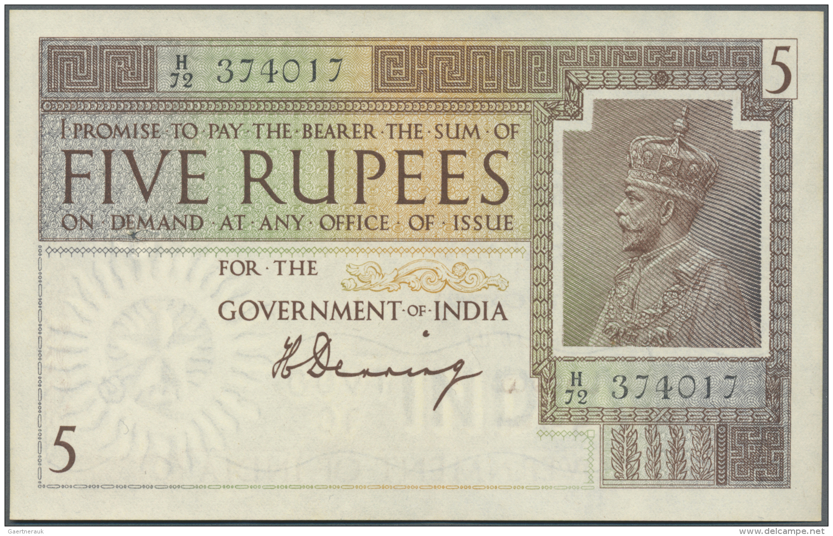 India / Indien: 5 Rupees ND Sign. Denning P. 4a, Only A Very Light Center Bend, Small Hole At Right (staple Hole) Not Wa - Inde