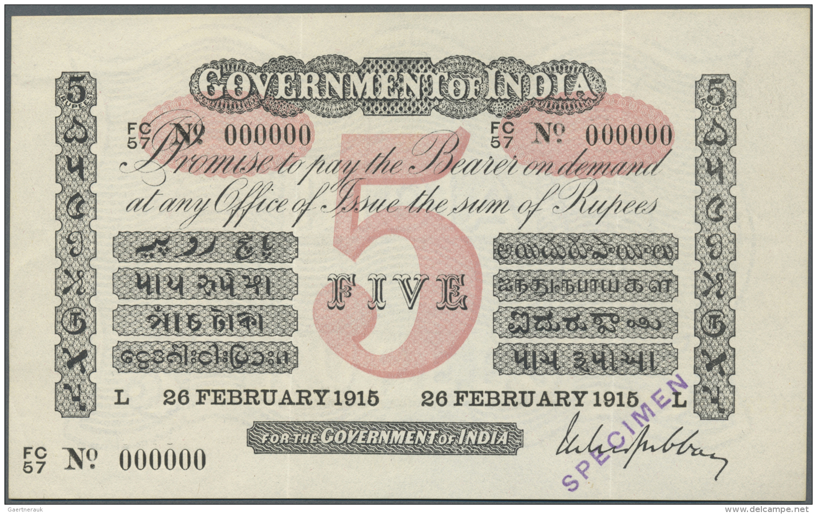 India / Indien: Very Rare Specimen Of 5 Rupees 26.2.1915, Letter "L" For Lahore, Government Of India P. A6s, Sign. Gubba - Inde