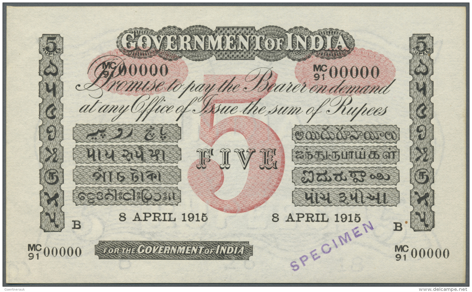 India / Indien: Very Rare Specimen Of 5 Rupees 8.4.1915 Government Of India P. A5s, With Zero Serial Numbers And Specime - Inde