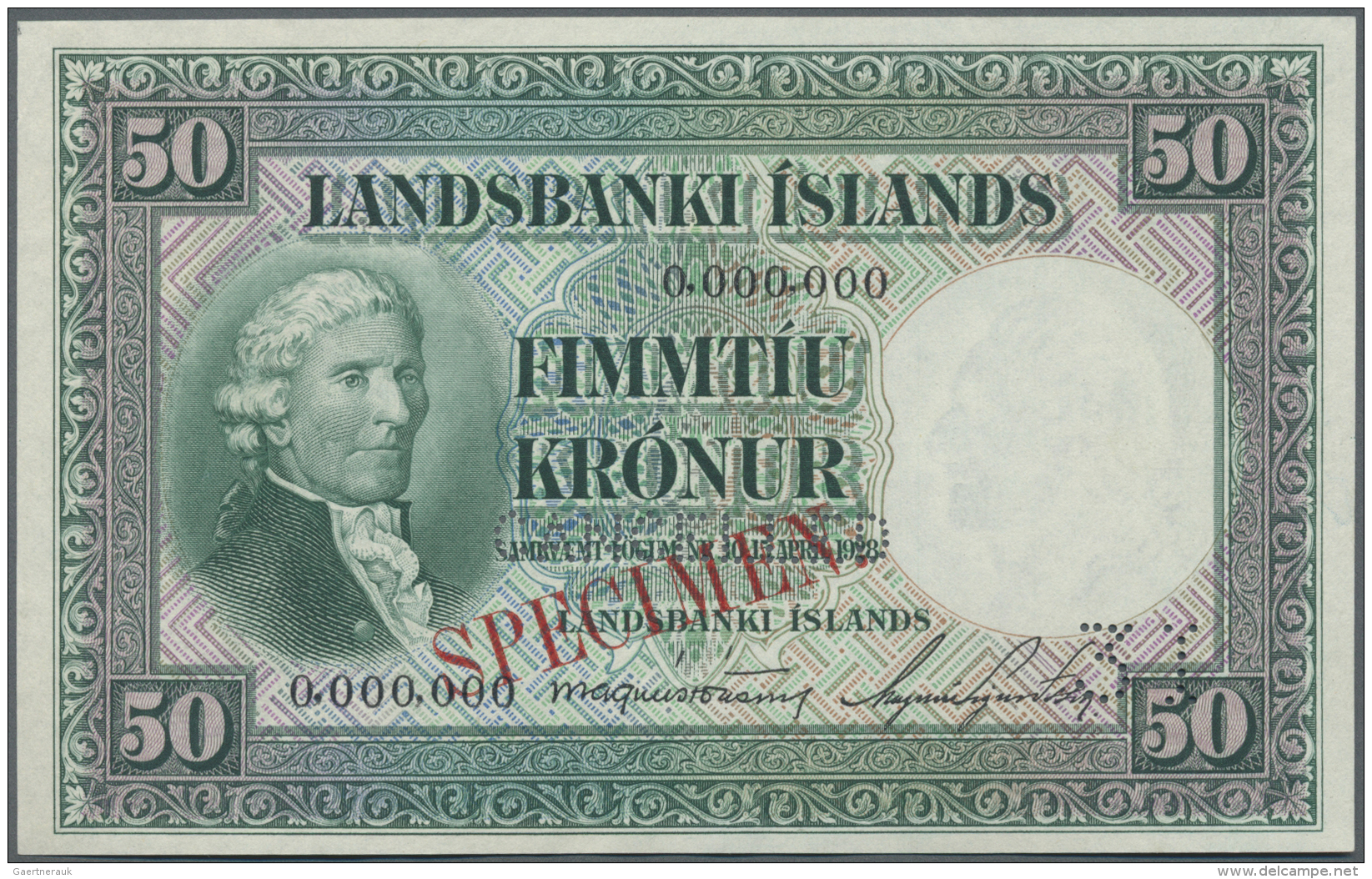 Iceland / Island: 50 Kronur 1956 Specimen P. 34s, "cancelled" Perforation, Specimen Overprint, Zero Serial Numbers, Ligh - Islande