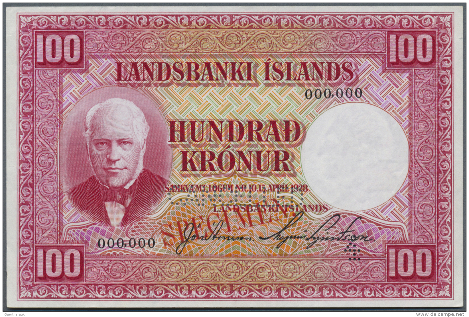 Iceland / Island: 100 Kronur 1928 Specimen P. 30s With "cancelled" Perforation And Red Specimen Overprint On Front And B - Islanda