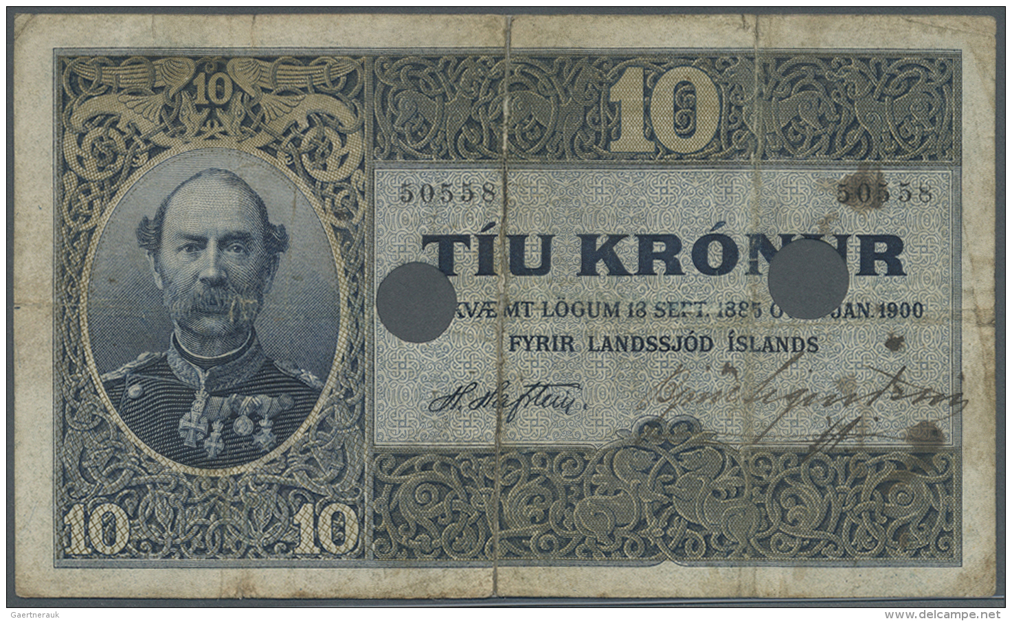 Iceland / Island: 10 Kroner L.1885 (1900) P. 5b, Torn An Taped On Back Side, 2 Cancellation Holes, Stained Paper, Folds, - Islanda