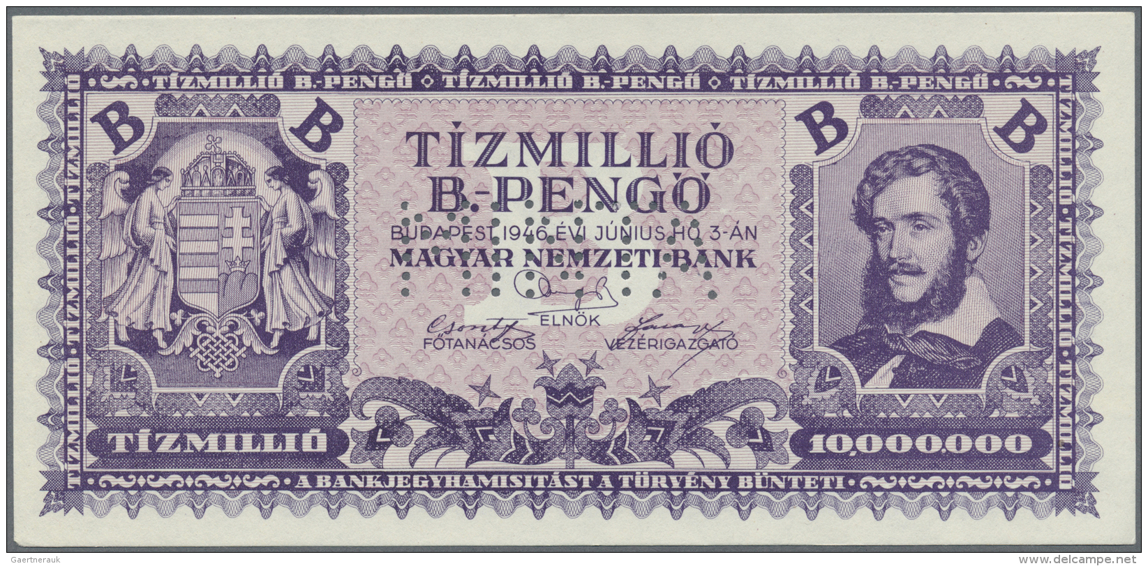 Hungary / Ungarn:  10.000.000 B.-PengÅ‘ (=10.000.000.000.000.000.000 PengÅ‘) 1946 With Perforation "MINTA" (Specimen), P - Ungheria
