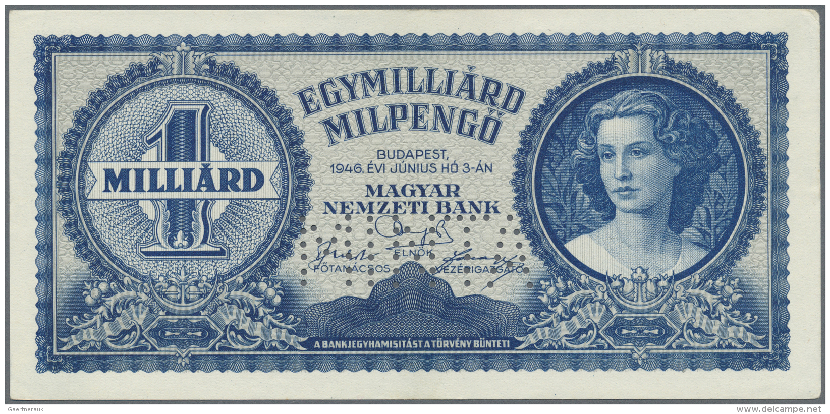 Hungary / Ungarn:  1.000.000.000 MilpengÅ‘ (=1.000.000.000.000.000 PengÅ‘) 1946 With Perforation "MINTA" (Specimen), P.1 - Hongrie