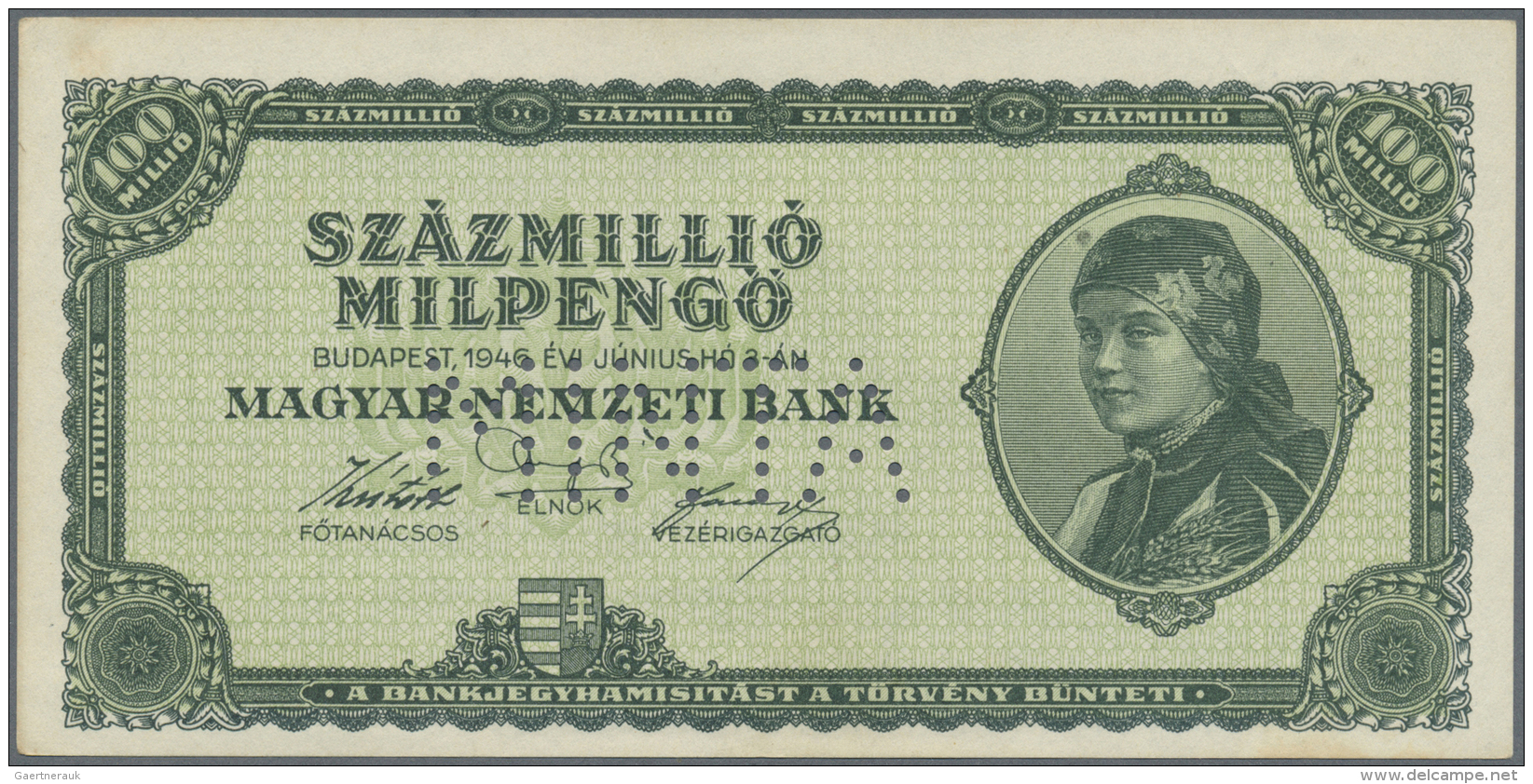 Hungary / Ungarn:  100.000.000 MilpengÅ‘ (=100.000.000.000.000 PengÅ‘) 1946 With Perforation "MINTA" (Specimen), P.130s - Ungheria