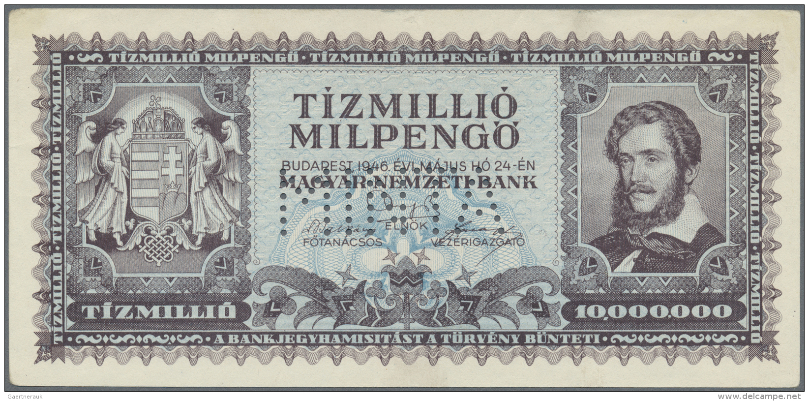 Hungary / Ungarn: 10.000.000 MilpengÅ‘ (=10.000.000.000.000 PengÅ‘) 1946 With Perforation "MINTA" (Specimen), P.129s. Ve - Hongrie