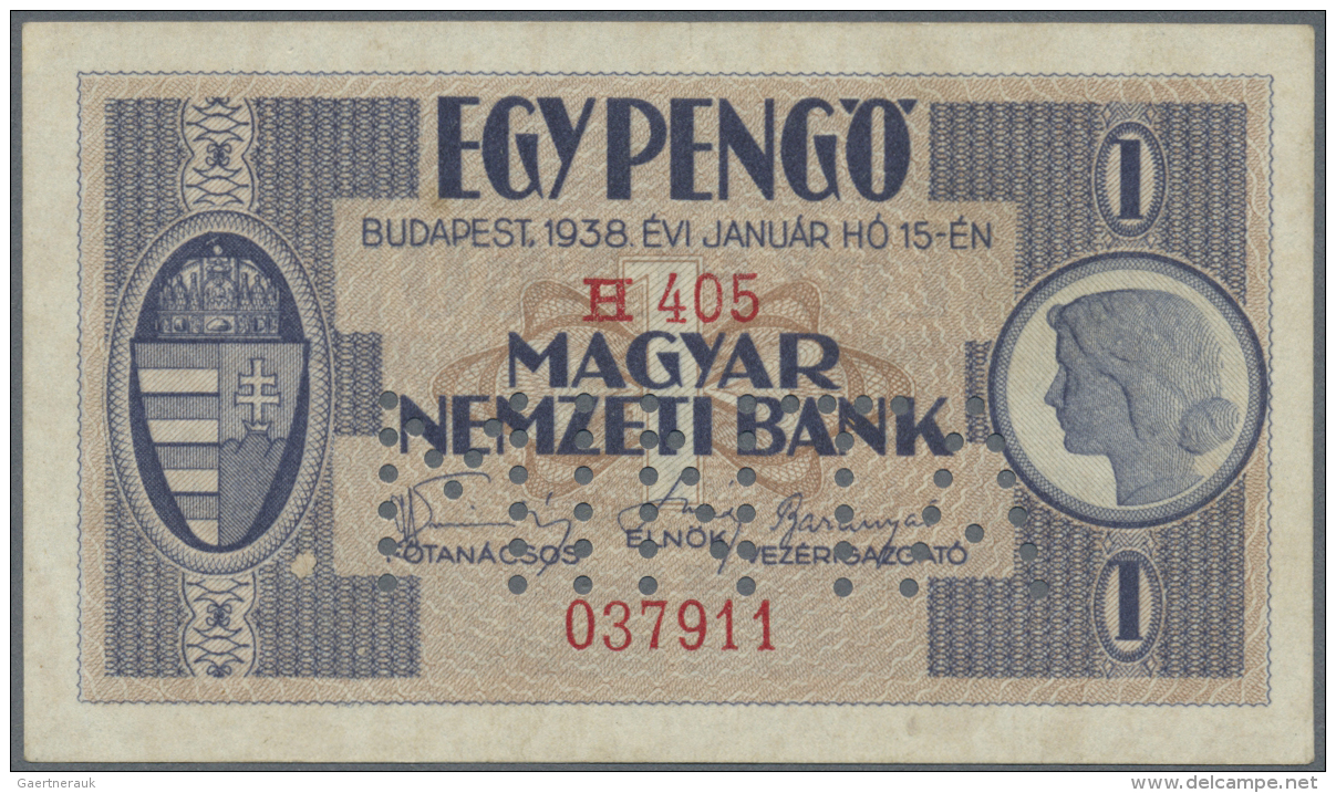 Hungary / Ungarn: 1 Peng&ouml; 1938 With Perforation "MINTA" (Specimen) And Regular Serial Number, P.102s With Slightly - Hongrie
