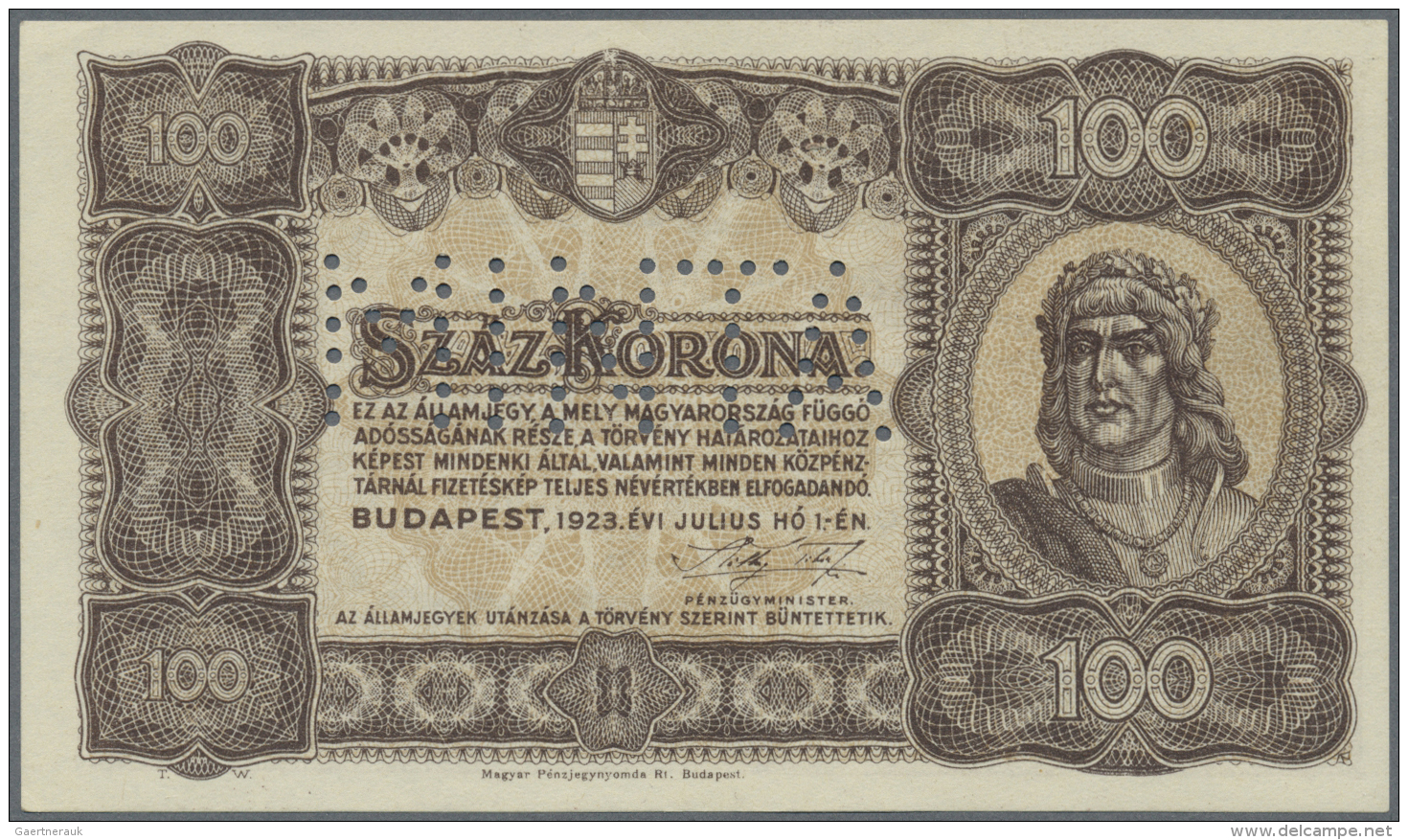 Hungary / Ungarn: 100 Korona 1923 With Perforation "MINTA" (Specimen), P.73s In Perfect UNC Condition - Hongrie