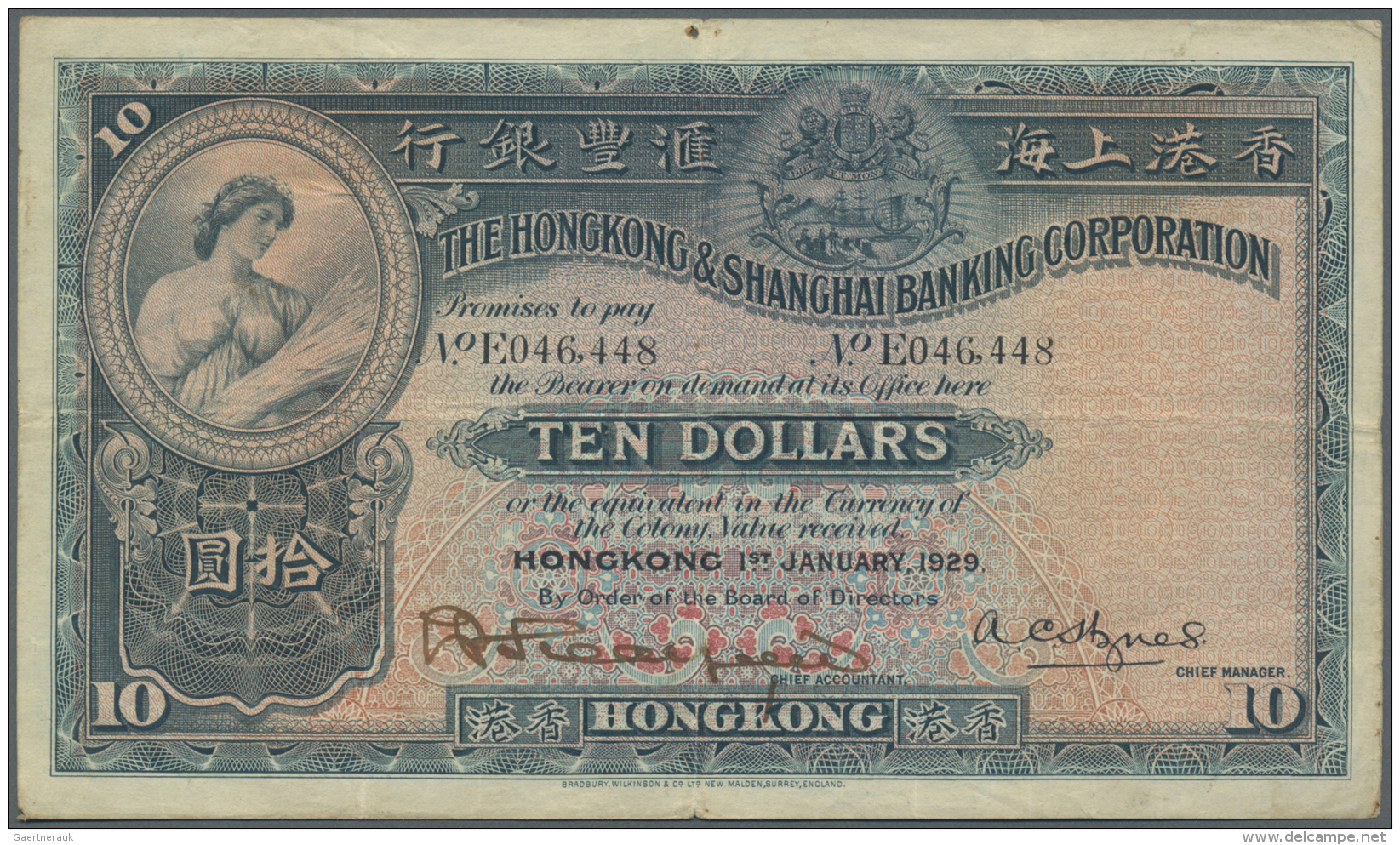 Hong Kong: 10 Dollars 1929 P. 174b, Vertical And Horizontal Folds, 2 Small Holes But Still Crispness In Paper And Origin - Hong Kong