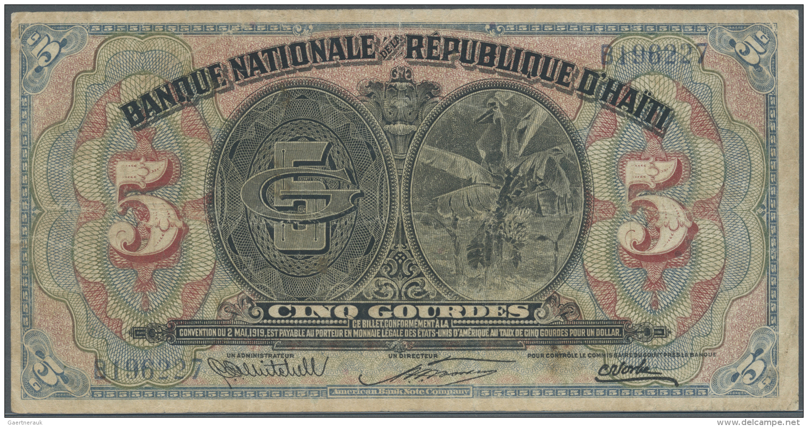 Haiti: 5 Gourdes ND(1920-24) P. 152a, More Rare Higher Denomination Of This Series, Used With Many Folds And Creases In - Haiti