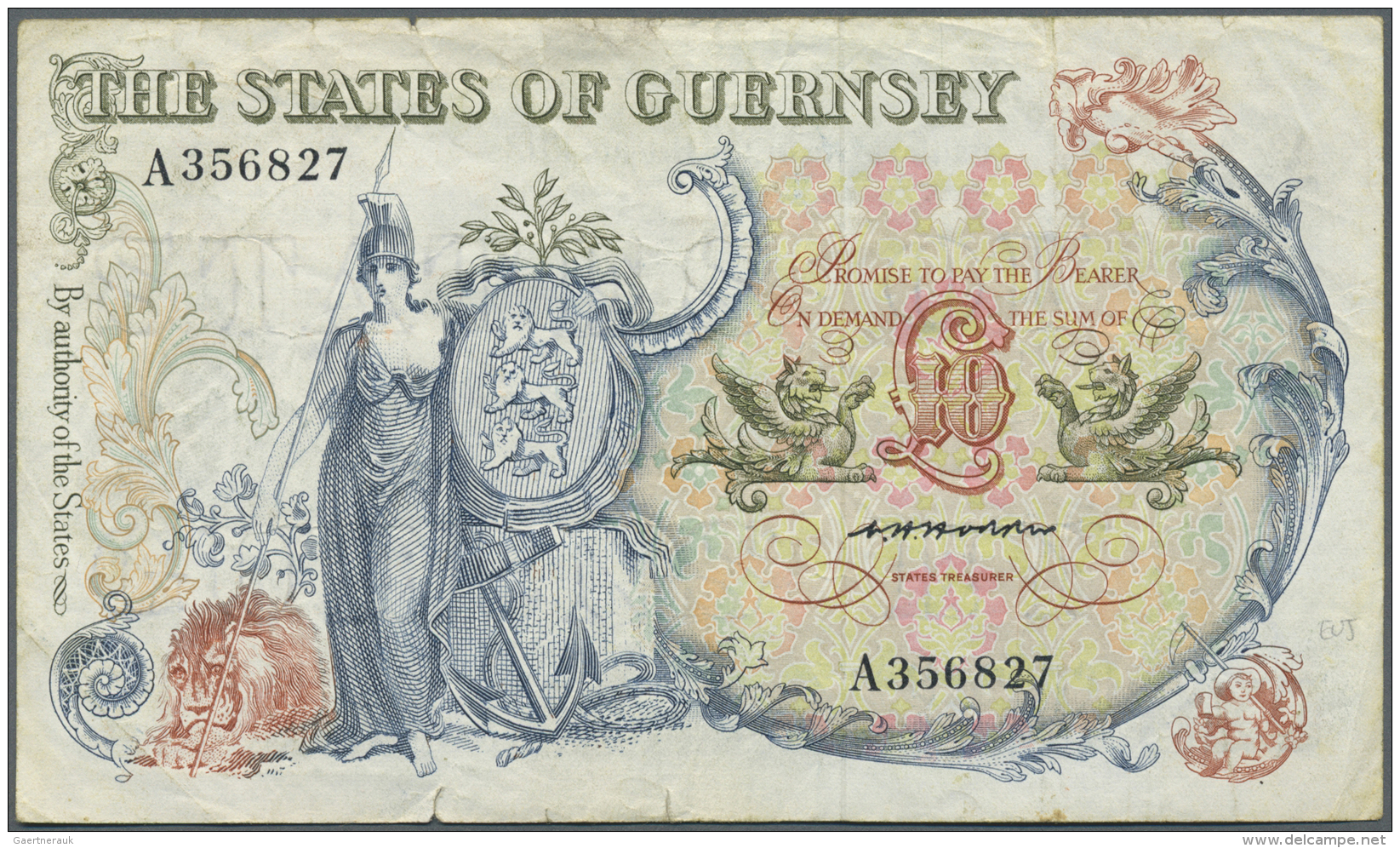 Guernsey: 10 Pounds ND(1975-80) P. 47, Used With Several Folds And Creases, No Holes, Minor Border Tears, No Repairs, Co - Autres & Non Classés