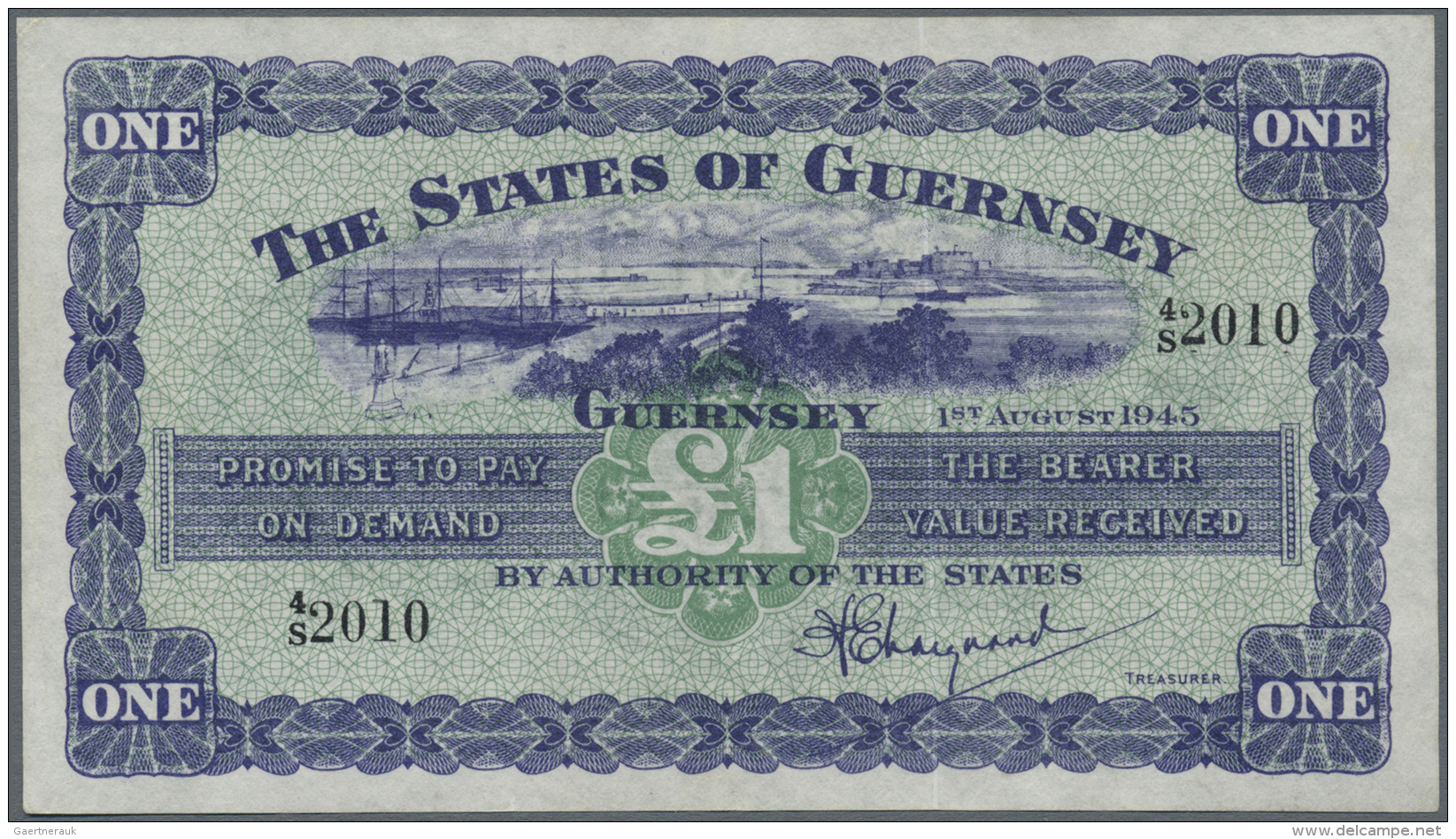 Guernsey: 1 Pound 1945 P. 43a, Crisp Paper But A Bit Wavy At Upper And Lower Border, No Folds, No Holes Or Tears, Origin - Autres & Non Classés