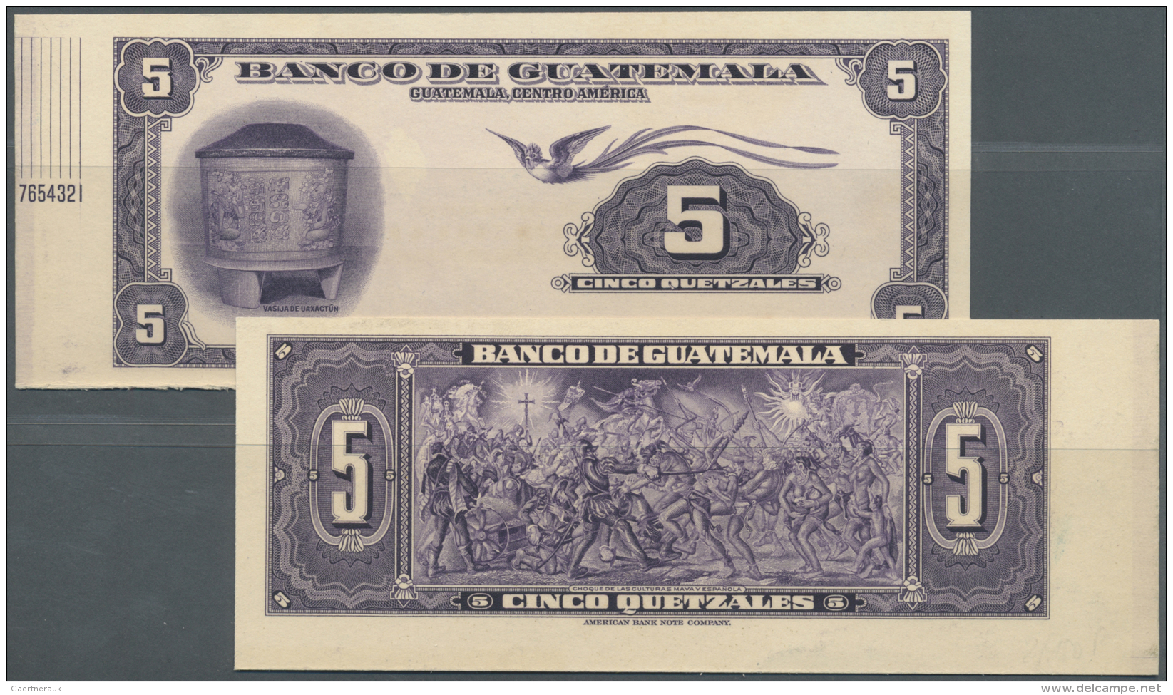 Guatemala: 5 Quetzales PROOF Print P. 25p, Print On Cardboard, Front And Back Seperatly Printed, Condition: AUNC. - Guatemala