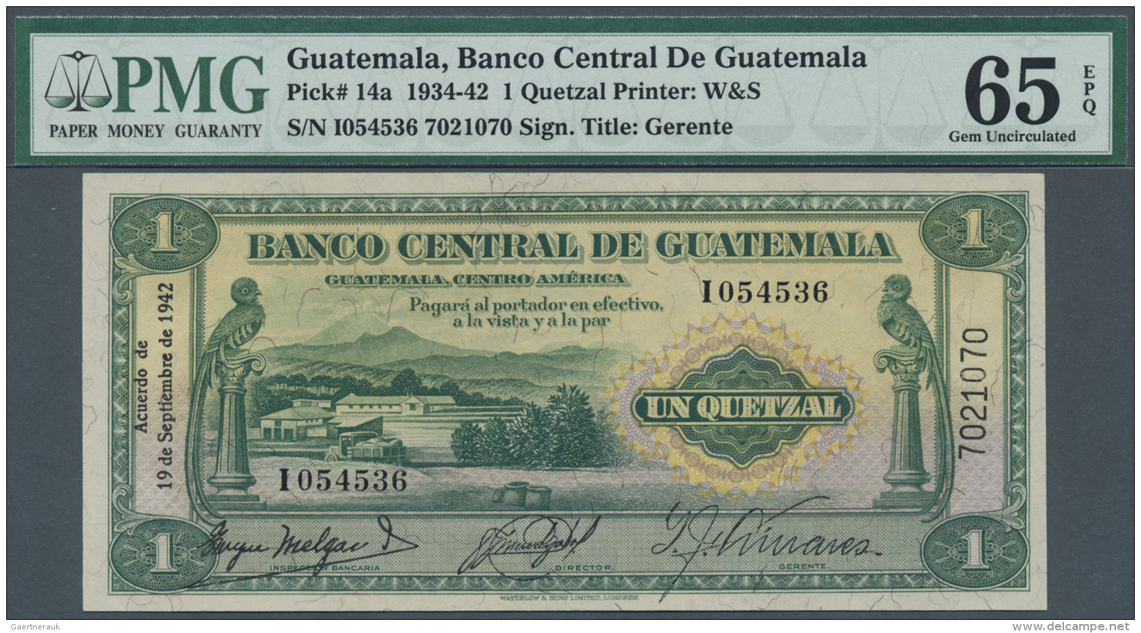 Guatemala: Banco Central De Guatemala 1 Quetzal September 19th 1942, P.14a In Perfect Condition, PMG Graded 65 Gem Uncir - Guatemala