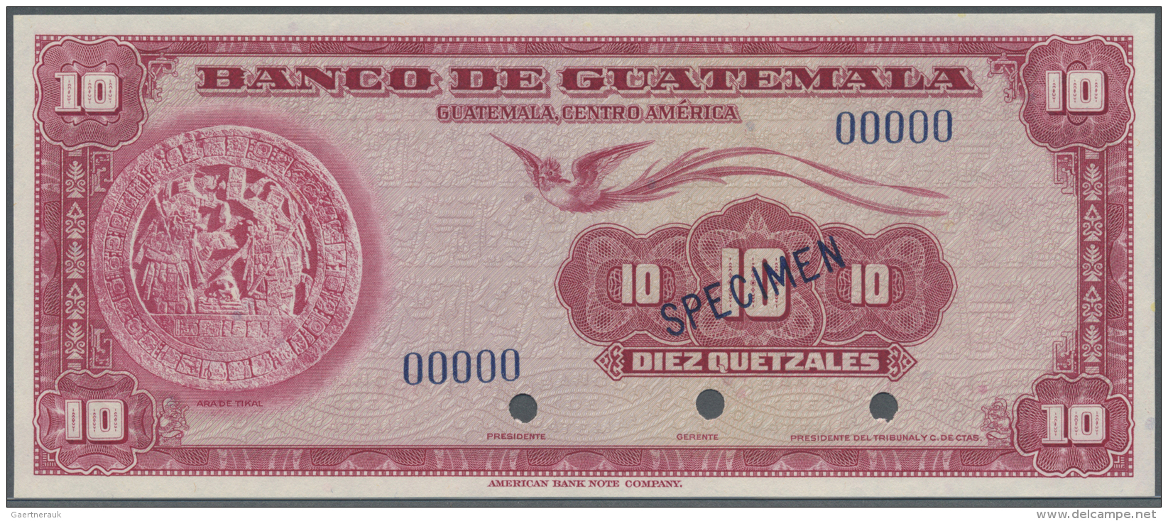 Guatemala: 10 Quetzales ND(1948) Specimen P. 2bs, 3 Cancellation Holes, Zero Serial Numbers, Specimen Overprint, In Cond - Guatemala