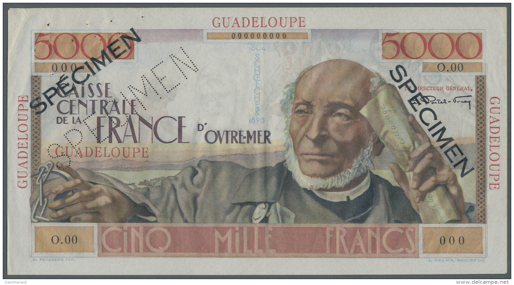 Guadeloupe: 5000 Francs ND (1952) Specimen P. 38s With "Specimen" Perforation And Black Overprint On Both Sides. The Has - Autres - Amérique