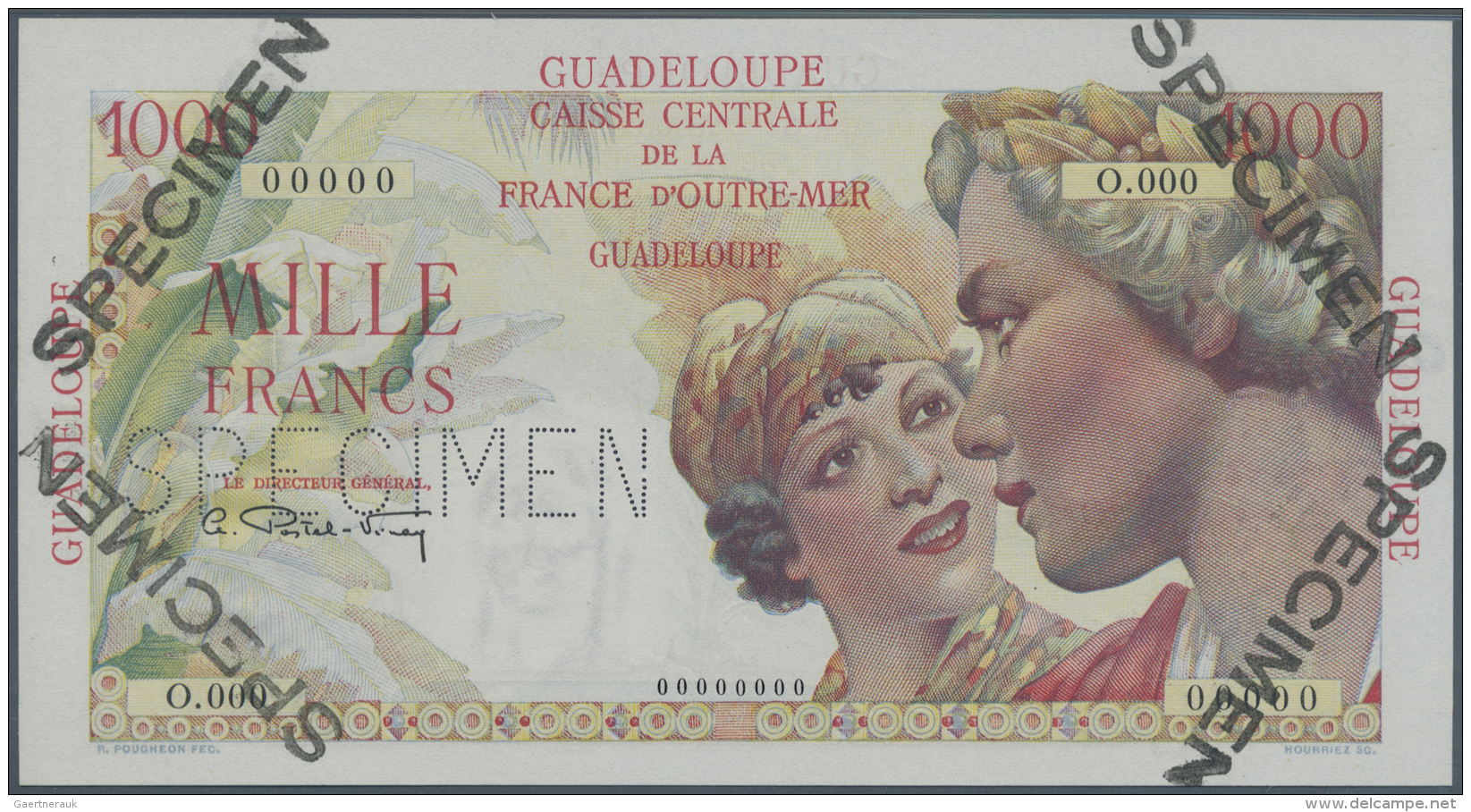 Guadeloupe: 1000 Francs ND(1947-49) SPECIMEN, P.37s In Excellent Condition With Strong Paper And Bright Colors, With Per - Altri – America