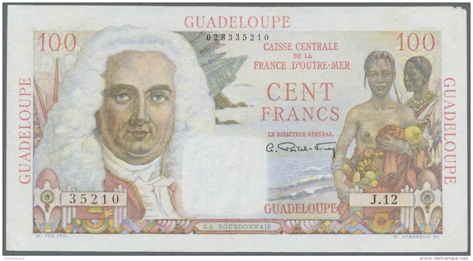Guadeloupe: 100 Francs ND(1947-49) P. 35, Light Creases And Folds In Paper, Washed And Pressed, Rounded Corner At Upper - Autres - Amérique