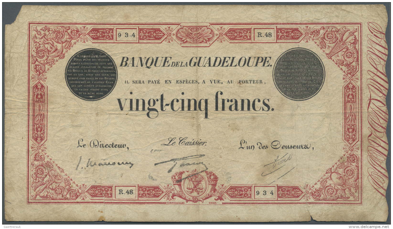 Guadeloupe: 25 Francs ND(1920-44) P. 8, Rare Note, Used With Folds And Many Creases, Corner Missing At Upper Left, No Ho - Altri – America