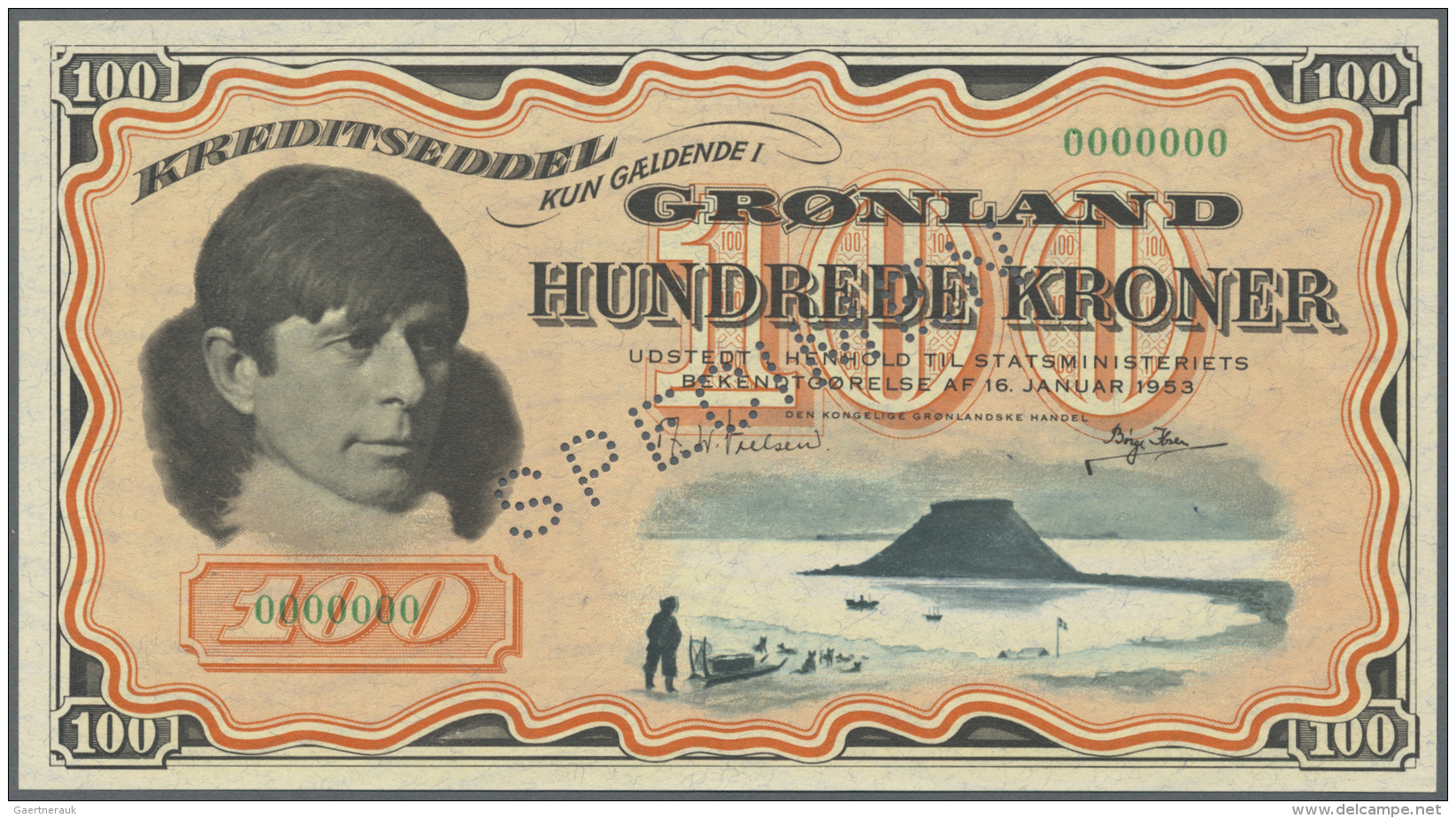Greenland / Gr&ouml;nland: 100 Kroner 1953 SPECIMEN, P.21as, Tiny Creases In The Paper, Otherwise Perfect. Condition: AU - Groenlandia