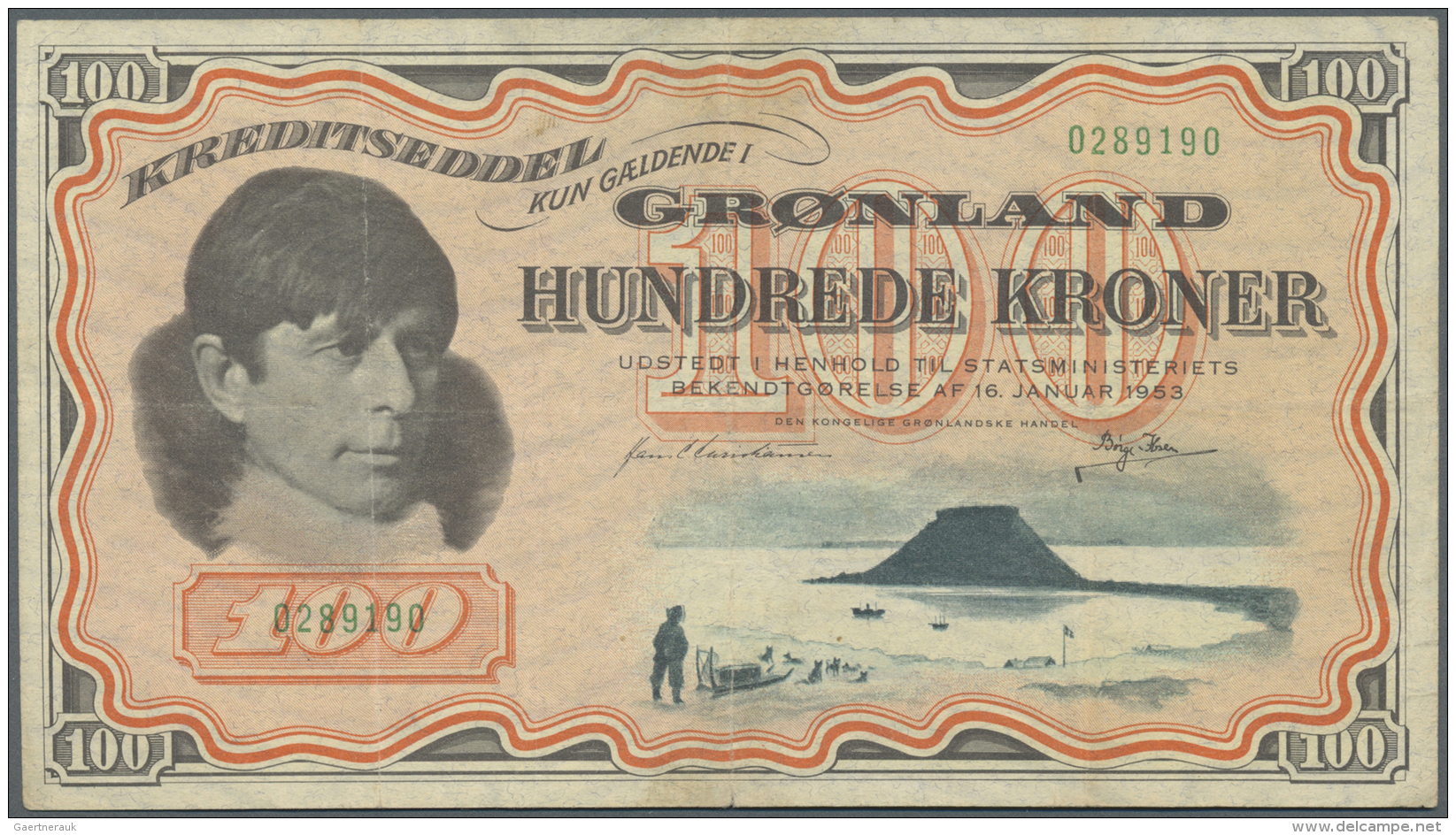 Greenland / Gr&ouml;nland: 100 Kroner 1953 Issued Note, P.21 With Handling Traces, Several Times Folded And Stained On B - Groenlandia