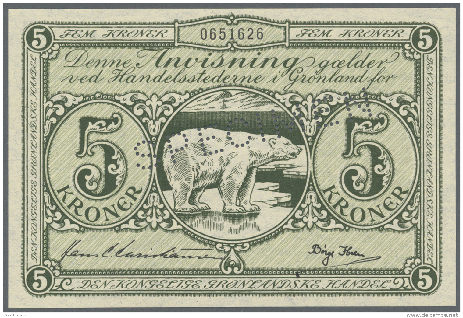 Greenland / Gr&ouml;nland: 5 Kroner ND(1953) SPECIMEN, P.18s, Tiny Creases In The Paper, Otherwise Perfect. Condition: A - Greenland