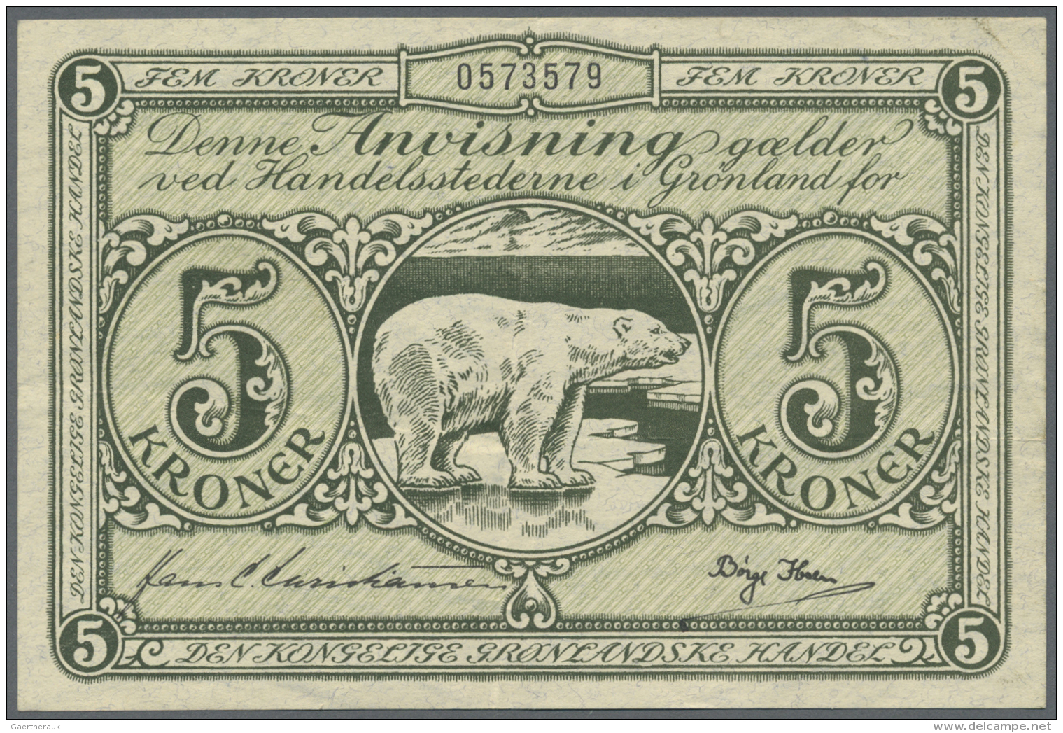 Greenland / Gr&ouml;nland: 5 Kroner ND(1953), P.18a, Nice Looking Note With Vertical Bend At Center And Some Other Small - Groenland