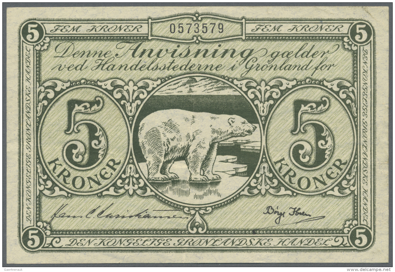 Greenland / Gr&ouml;nland: 5 Kroner ND(1953), P.18a, Nice Looking Note With Vertical Bend At Center And Some Other Small - Greenland