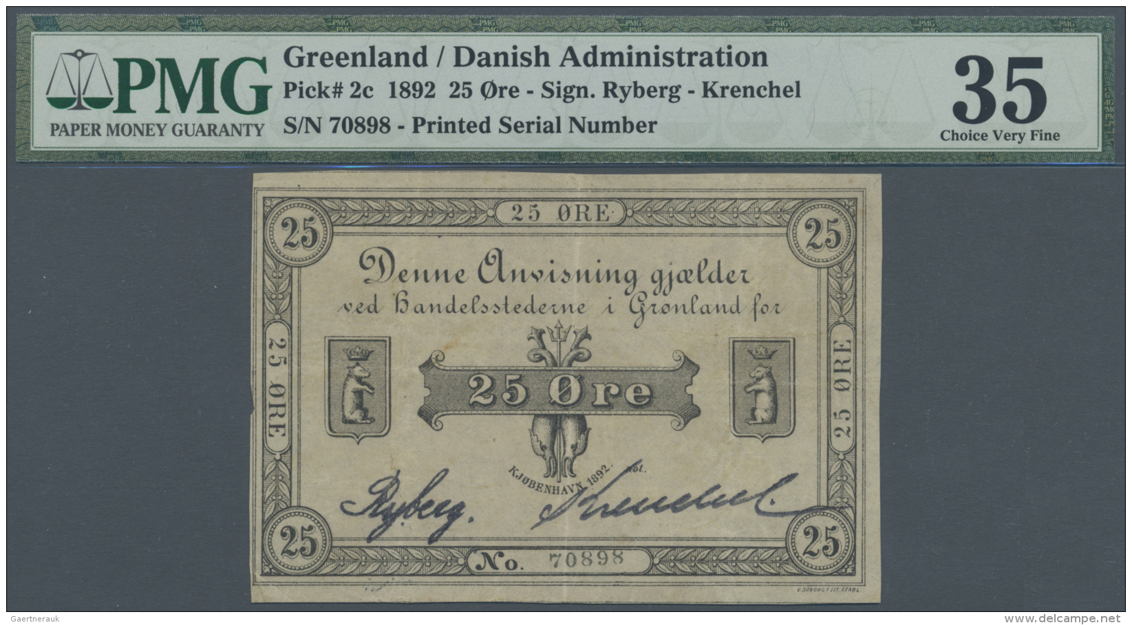 Greenland / Gr&ouml;nland: 25 Oere 1892, Signature Ryberg-Krenchel, P.2c, Several Folds And Minor Spots At Center, PMG G - Groenland
