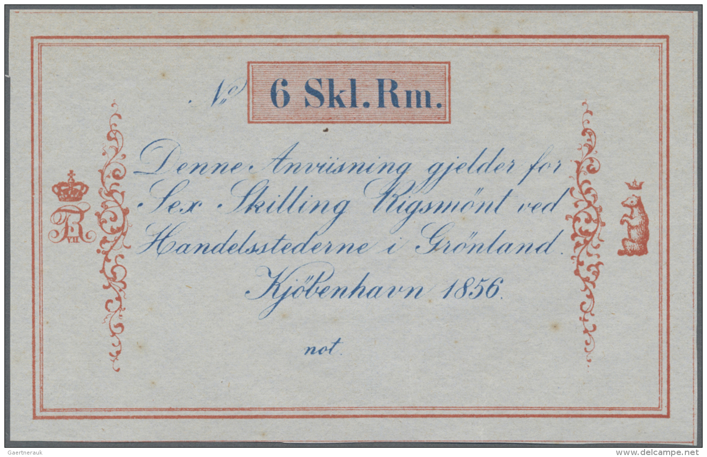 Greenland / Gr&ouml;nland: 6 Skilling Rigsm&ouml;nt 1856 Unsigned Remainder, P.A33r, Tiny Brownish Spots On Back, Otherw - Groenlandia