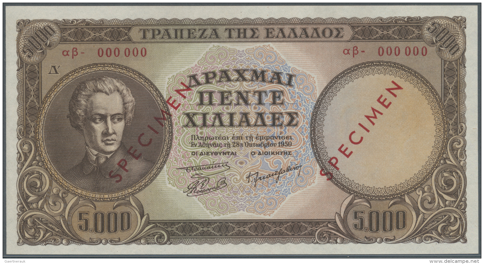 Greece / Griechenland: 5000 Drachmai 1950 Specimen P. 184s, Zero Serial Numbers, Red Specimen Overprint, Light Dint At U - Grèce