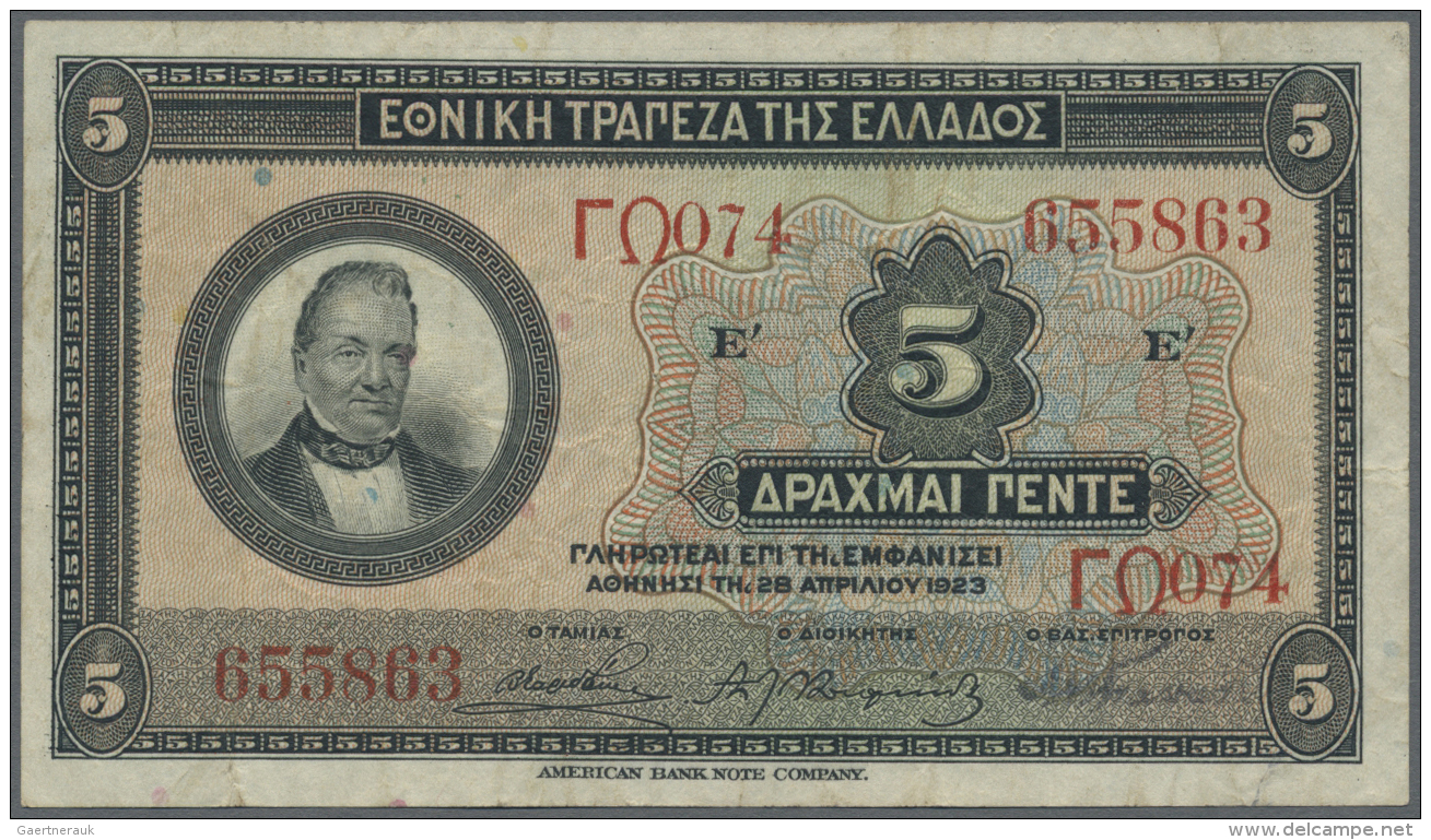 Greece / Griechenland: 5 Drachmai 1923, P.73, Nice And Attractive Note With Slightly Stained Paper And Several Folds. Co - Grecia