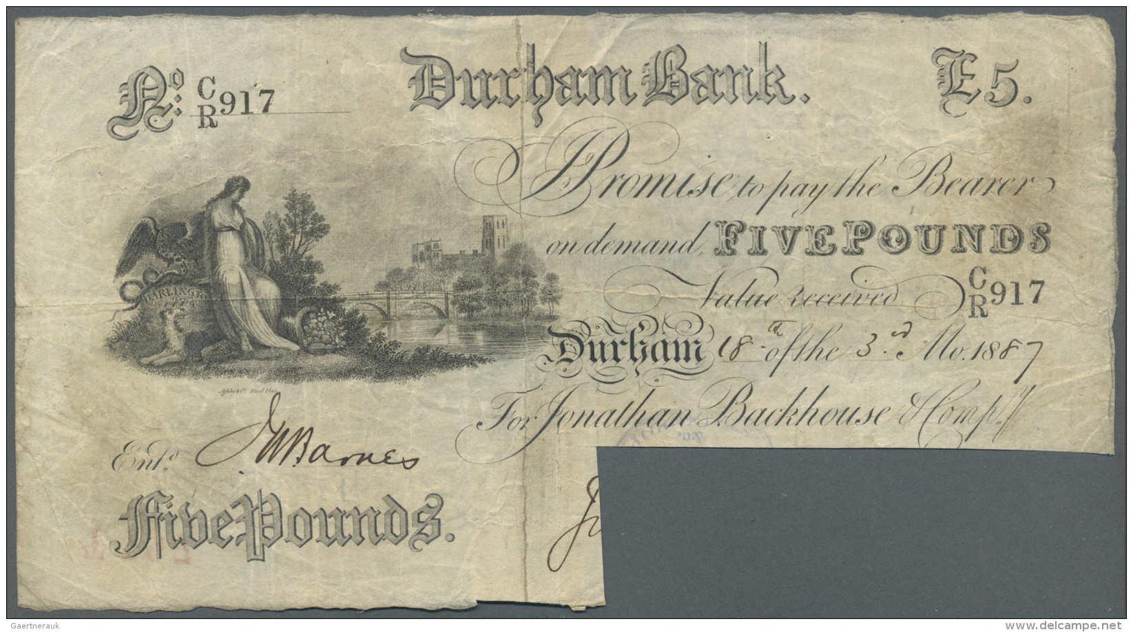 Great Britain / Gro&szlig;britannien: Durham Bank 5 Pounds 1889 P. NL, Used With Folds And Creases, Cancellation At Lowe - Altri & Non Classificati