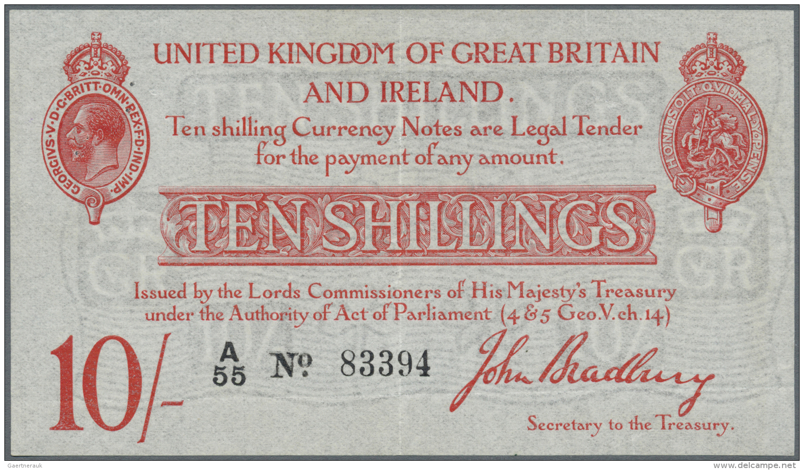 Great Britain / Gro&szlig;britannien: 10 Shillings ND P. 348, T12, 4 Tiny Pinholes At Upper Left, Light Vertical Folds, - Autres & Non Classés