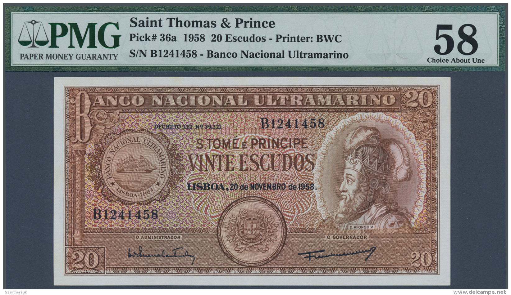 Great Britain / Gro&szlig;britannien: 20 Escudos 1958 P. 36a, PMG Graded 58 Choice About UNC. - Altri & Non Classificati