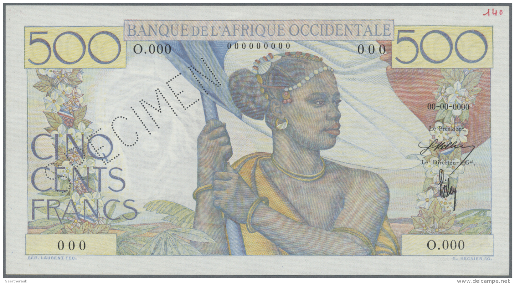 French West Africa / Franz&ouml;sisch Westafrika: 500 Francs Banque De L'Afrique Occidentale 1946-53 SPECIMEN, P.41s In - États D'Afrique De L'Ouest